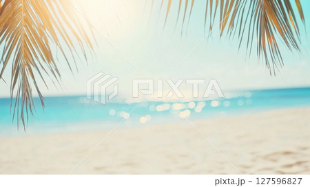 Blurred tropical beach with palm leaves and blue ocean, background 127596827