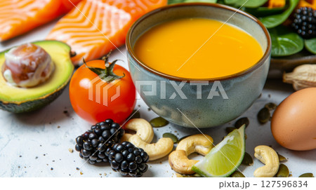 Keto diet bone broth with avocado, lime, tomatoes, and cashews, concept for healthy eating 127596834