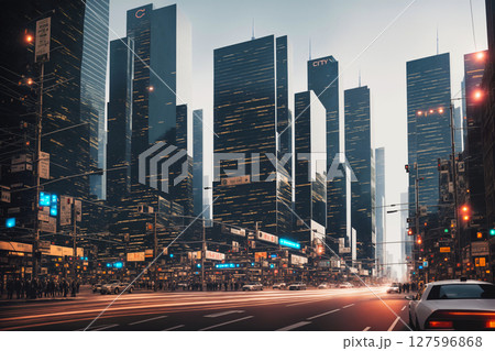Modern city streets at night, skyscrapers and street lights, traffic and people. Generative AI. 127596868