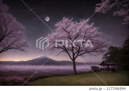 Sakura blossoms in japanese style ornamental garden, beautiful landscape. Generative AI. Sakura blossoms in japanese style ornamental garden, beautiful landscape. Generative AI. 127596894