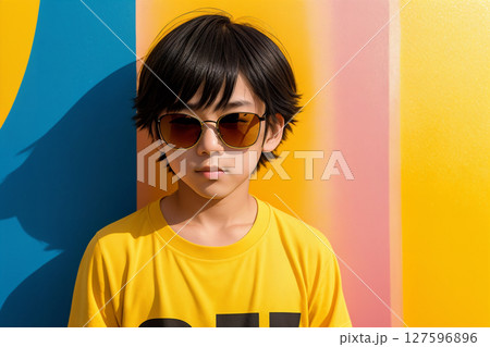 Portrait of an asian boy on colorful background, summer brightness. Generative AI. 127596896