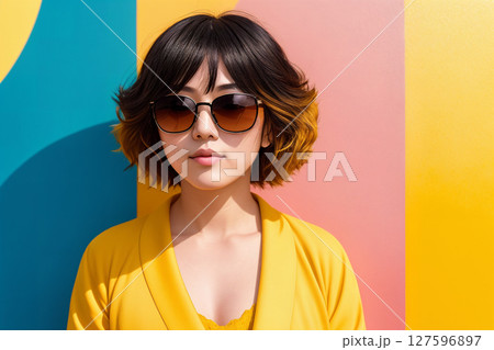 Portrait of an young asian woman with sunglasses on a abstract painted background, summer vibrancy. Generative AI. 127596897