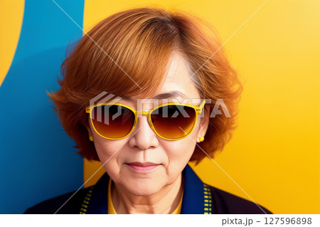 Portrait of an elderly Asian woman with blond hair and sunglasses on an yellow background, summer brightness. Generative AI. 127596898