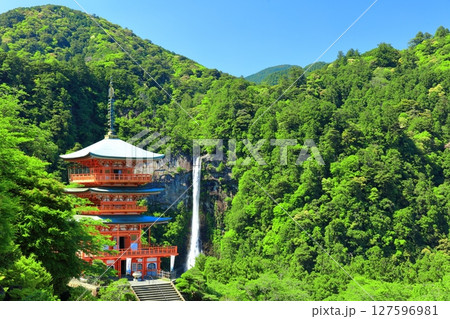 【和歌山県】快晴の青岸渡寺三重塔と那智の滝(熊野那智大社) 【和歌山県】快晴の青岸渡寺三重塔と那智の滝(熊野那智大社) 127596981