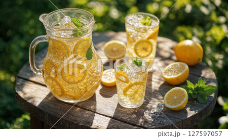 Top-down photo of a glass pitcher and cups filled with homemade lemonade 127597057