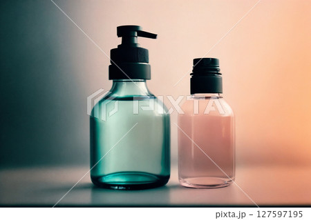 A perfume or a bottle for cosmetics on abstract background. Generative AI. A perfume or a bottle for cosmetics on abstract background. Generative AI. 127597195