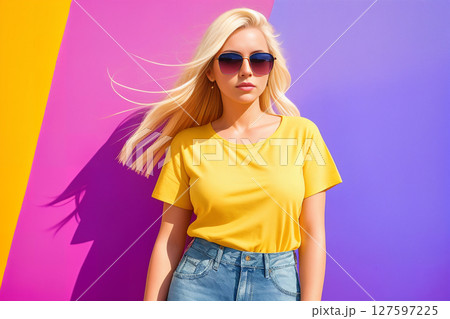 Portrait of an young woman in yellow shirt and denim shorts with sunglasses on a abstract colorful background, summer vibrancy. Generative AI. Portrait of an young woman in yellow shirt and denim shorts with sunglasses on a abstract colorful background, summer vibrancy. Generative AI. 127597225