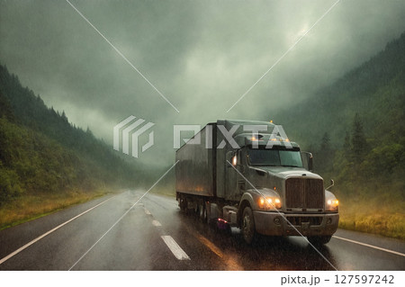 A truck is driving on the road. Dark dramatic landscape with forest as background, gloomy sky, rainy clouds. Generative AI. A truck is driving on the road. Dark dramatic landscape with forest as background, gloomy sky, rainy clouds. Generative AI. 127597242