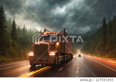A truck is driving on the road. Dark dramatic landscape with forest as background, gloomy sky, rainy clouds. Generative AI. A truck is driving on the road. Dark dramatic landscape with forest as background, gloomy sky, rainy clouds. Generative AI. 127597243