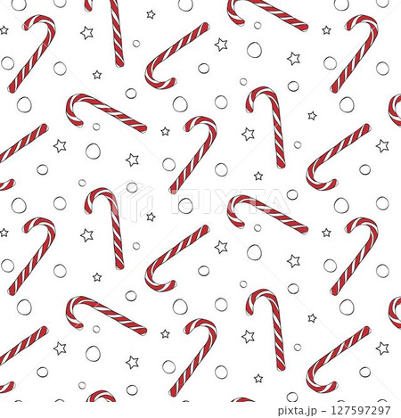 Christmas candy cane, swirl candy and snowflakes seamless pattern. Vector graphic line ink illustration. Holiday traditional peppermint backdrop. For logo, web, package, sticker. 127597297