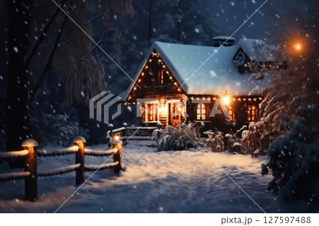 village street in winter season decorated for Christmas or New Year holiday, beautiful view of exteriors of houses , snow, sunset, street lights, festive environment 127597488