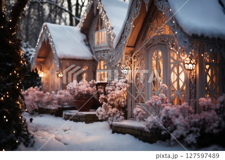 village street in winter season decorated for Christmas or New Year holiday, beautiful view of exteriors of houses , snow, sunset, street lights, festive environment 127597489