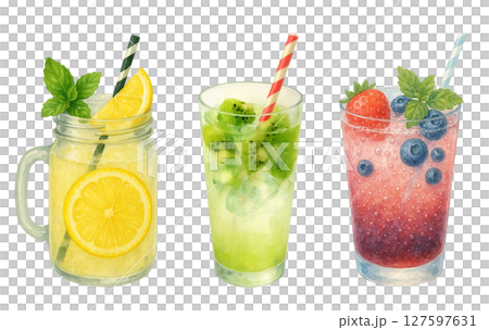 三種水果飲料(檸檬、奇異果、莓果)的彩色水彩插圖 三種水果飲料(檸檬、奇異果、莓果)的彩色水彩插圖 127597631
