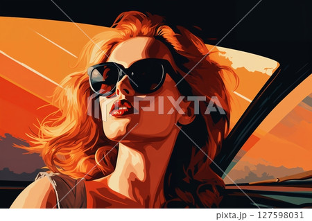 Portrait of a beautiful fashionable woman with a hairstyle and sunglasses, in a car. Bright sunset sky, orange color. Illustration poster in the style of 1960 127598031