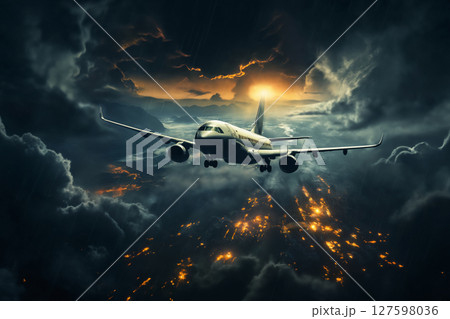 An airplane in a beautiful dark sunset sky with cumulus clouds from a aerial view on an abstract background 127598036