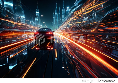 futuristic car on a glossy road in a tunnel with transparent walls, transport of the future, city streets futuristic car on a glossy road in a tunnel with transparent walls, transport of the future, city streets 127598052