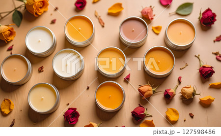 A row of candles in various colors sit on a table with flowers. The candles are arranged in a way that they are all facing the same direction, creating a sense of unity and harmony 127598486