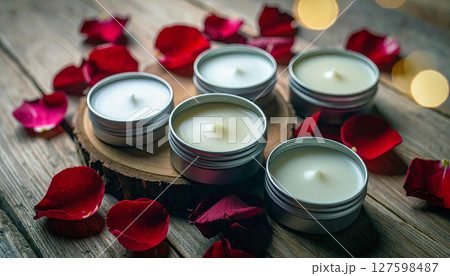 A group of candles are sitting on a wooden table with red rose petals. The candles are all the same size and shape, and they are all white. The candles are arranged in a neat row 127598487