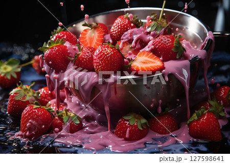 strawberries with creamy splashes, fresh and healthy food strawberries with creamy splashes, fresh and healthy food 127598641