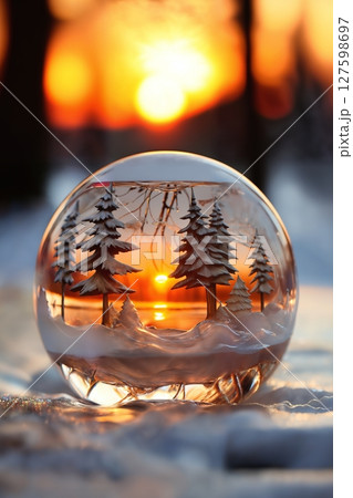 a glass toy with tiny Christmas trees inside as decoration for New Year holidays, forest, winter season 127598697