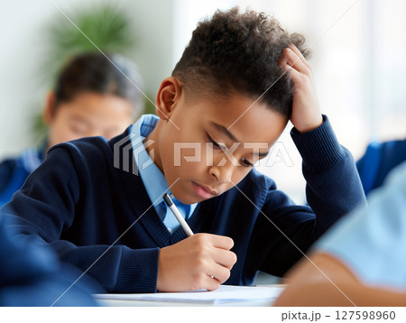Young Boy Focused on Writing During Classroom Activity at School 127598960