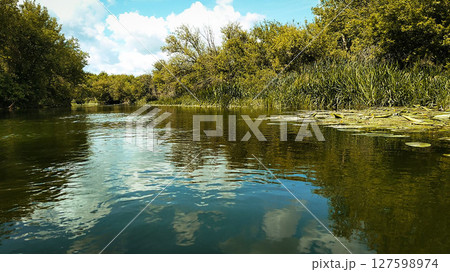 Scenic River Landscape with Fishing Rod 127598974