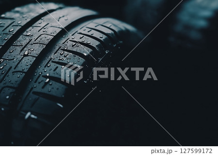 new car tyre closeup on a dark background, studio shoot, road safety concept new car tyre closeup on a dark background, studio shoot, road safety concept 127599172