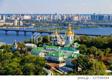 View of Kiev Pechersk Lavra (Kiev Monastery of the Caves) and the Dnieper river in Ukraine. View from Great Lavra Bell Tower View of Kiev Pechersk Lavra (Kiev Monastery of the Caves) and the Dnieper river in Ukraine. View from Great Lavra Bell Tower 127599384