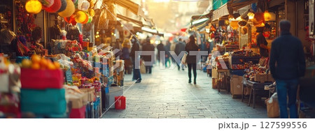 A busy market street with people walking and shopping, lively and bustling with people shopping 127599556