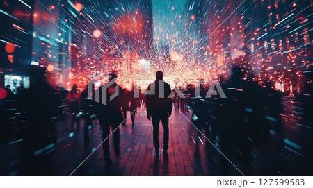 A group of people are walking down a street in a city at night, excitement and energy 127599583