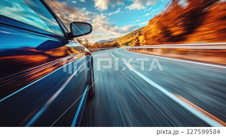 A car is speeding down a road with a beautiful view of the mountains in the background 127599584