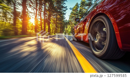 A red car is speeding down a road with a yellow line 127599585