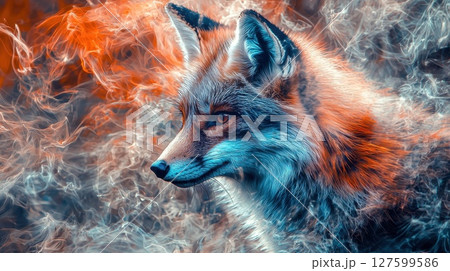 A fox is staring at the camera with a blue and orange background surrounded by smoke and fire 127599586