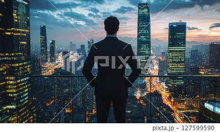 A man in a suit stands on a balcony overlooking a city at night. The man is lost in thought A man in a suit stands on a balcony overlooking a city at night. The man is lost in thought 127599590
