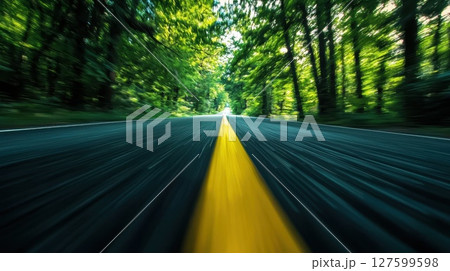 A blurry shot of a road with a yellow line. The road is empty and the trees are green A blurry shot of a road with a yellow line. The road is empty and the trees are green 127599598
