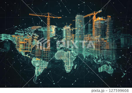 Urban Development Progress on a Map with Under Construction Buildings Against Solid Black Background 127599608