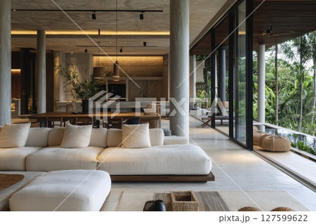 A large living room with a white couch and a black coffee table 127599622