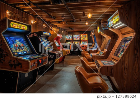 A room full of arcade games with a brown wooden wall. A room full of arcade games with a brown wooden wall. 127599624