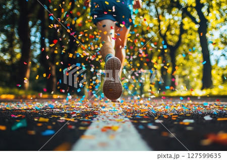 An action shot of a runner feet in the foreground with a burst of colorful confetti exploding into the air. Energetic Runner An action shot of a runner feet in the foreground with a burst of colorful confetti exploding into the air. Energetic Runner 127599635