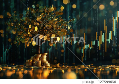 Golden Growth, 3D Rendering of Coin Tree with Financial Charts for Investment Concept 127599636