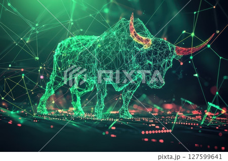 Financial Market Battle, Bull vs Bear in Glowing Data Points and Binary Code Matrix 127599641