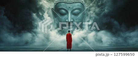 Tranquil Monk Contemplating Ethereal Buddha Face in Misty Serenity 127599650