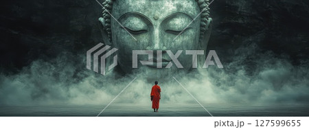 A monk stands in front of a large statue of a buddha face. The statue is surrounded by a misty atmosphere, giving the scene a mysterious and spiritual feel A monk stands in front of a large statue of a buddha face. The statue is surrounded by a misty atmosphere, giving the scene a mysterious and spiritual feel 127599655