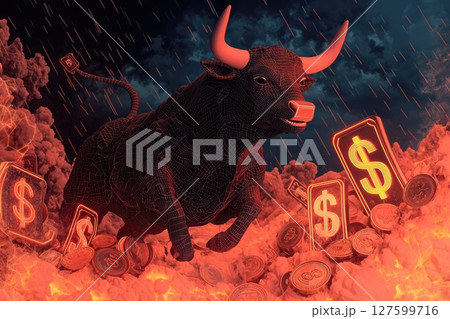 a cybernetic bull charging through a wave of neon dollar signs and coins with a dark futuristic financial background a cybernetic bull charging through a wave of neon dollar signs and coins with a dark futuristic financial background 127599716