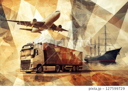 A plane, a truck and a ship are shown in a collage, Concept of transportation and logistics 127599729