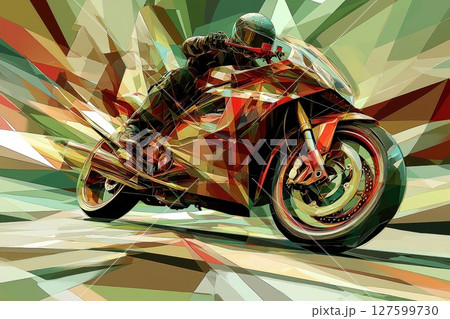 A colorful abstract painting of a motorcycle with a man on it, futuristic and vibrant dynamic motion, Concept of excitement and freedom 127599730