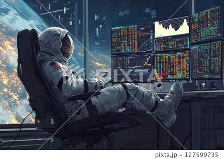 A man in a spacesuit is sitting in front of a computer monitor 127599735