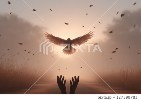 Hands Releasing a Glowing Bird into the Air Surrounded by Floating Leaves at Dusk 127599783