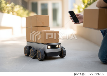 Robot Delivery System Carrying Packages to Customers on Urban Street 127599797