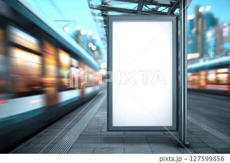 Modern and Minimalist Interior Design of Automated Tram Station with Large Empty Billboard 127599856